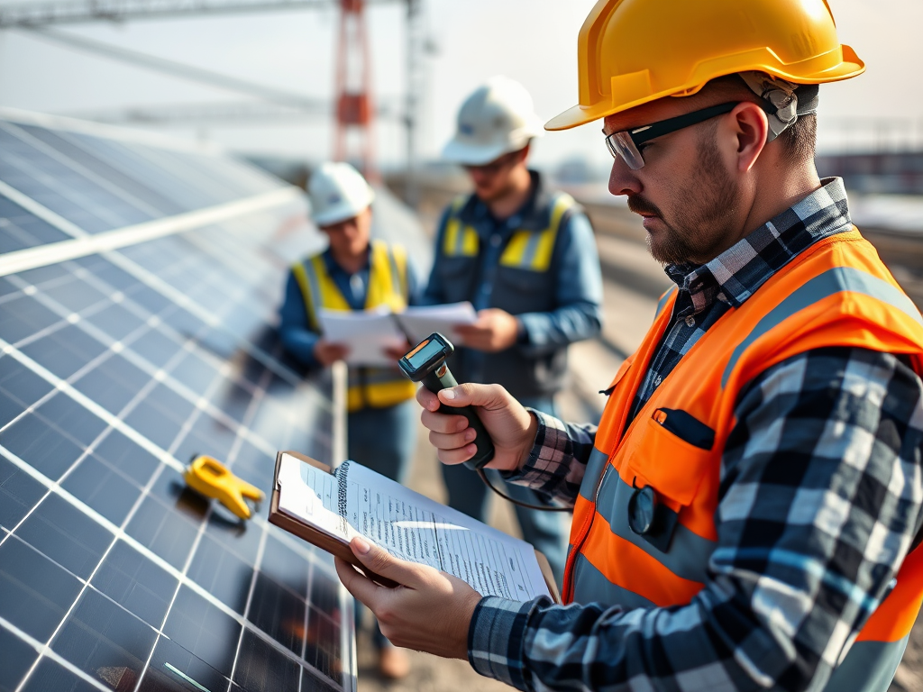 Engineer performing quality assurance inspection on solar panels at a renewable energy project site