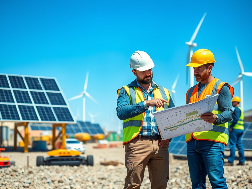 Supervisor inspecting solar panels at a renewable energy EPC project site